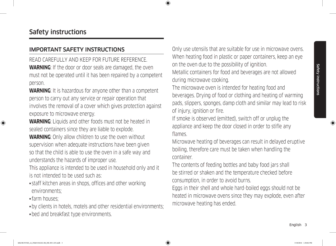 Samsung MS23K3555ES/LI manual Safety instructions, English  